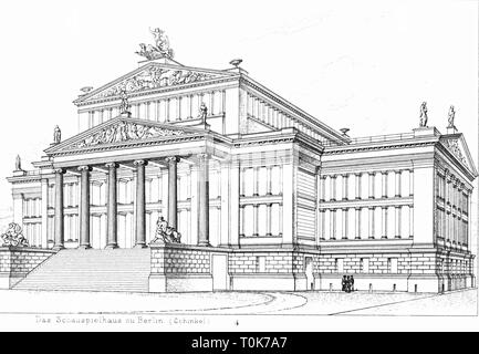 geography / travel, Germany, Berlin, theater / theatre, Schauspielhaus, built 1818 - 1821, architect: Karl Friedrich Schinkel, exterior view, illustration from 'Denkmaeler der Kunst' (Monuments of Art), by Wilhelm Luebke and Carl von Luetzow, 3rd edition, Stuttgart 1879, volume 2, steel engraving by H. Gugeler, after drawing by Wilhelm Riefstahl, chapter on architecture, plate LI, 19th century, classicism, classical, classic, Konzerthaus, concert house, theaters, theatres, historic, historical, Denkmaler, Denkmäler, Lubke, Lübke, Lutzow, Lützow, Additional-Rights-Clearance-Info-Not-Available Stock Photo