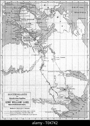 cartography, map, America, Canada, Nunavut, Baffin peninsula, with the route of the expedition of Frederick Schwatka 1879 - 1880, wood engraving after drawing of Heinrich Klutschak, 1881, search for John Franklin, Baffinland, Hudson Bay, King William Island, Adelaide peninsula, Boothia, Wager river, Chesterfield Inlet, Northwest Territories, North-west territory, District of Keewatin, North America, 19th century, historic, historical, Additional-Rights-Clearance-Info-Not-Available Stock Photo