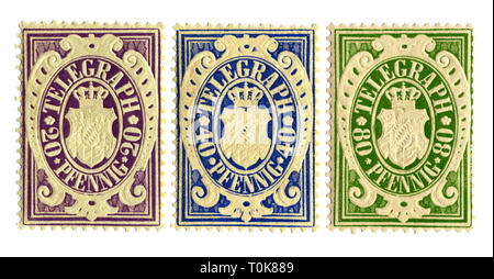 mail, telegraphy, Royal Bavarian telegraph stamps for the franking of telegrams, were published by the Bavarian telegraph administration and in the State telegram stations sticked on and canceld, with it the telegram was fee payed, 20, 40, 80 pfennig, Bavaria, Germany, 1876, Additional-Rights-Clearance-Info-Not-Available Stock Photo