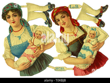 toys, dolls, two young mothers with baby on the arm, two scrap-pictures still in the original sheet with connection, logotype and sheet numbers, made by: L & B, Littauer and Boysen, one of the most famous fabricants of glossy prints, Germany, circa 1900, Additional-Rights-Clearance-Info-Not-Available Stock Photo