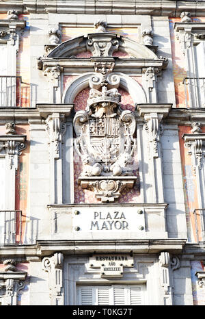 MADRID-SPAIN-FEB 19, 2019: The Plaza Mayor (English: Main Square) is a major public space in the heart of Madrid, the capital of Spain. It was once th Stock Photo