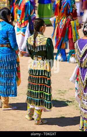 Female Native America in ceremonial costumes at the Wa:k Pow Wow on the Tohono O'odham reservation in Arizona Stock Photo