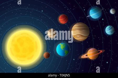 Solar system model with colorful planets at orbit and stars on sky Stock Vector