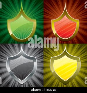 Set of security shields, coat of arms symbol icon, green, red, yellow, black, vector illustration Stock Vector