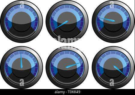 Set of blue speedometers for car or power or termometers, vector illustration Stock Vector