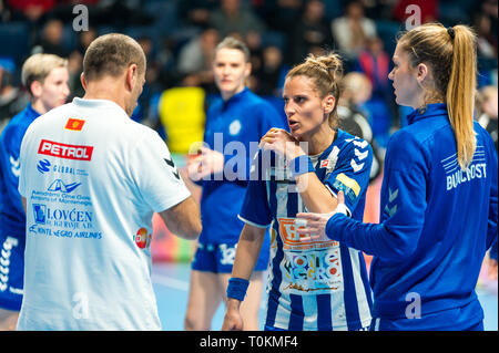 Andjela Bulatovic listening advices from head coach Dragan Adzic in half time of the match against Rostov Don Champions League Main Round Stock Photo