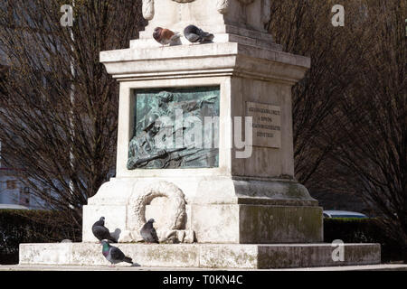 Pigeons sunbathing on the Loyalty Flag column in Sopron, Hungary Stock Photo