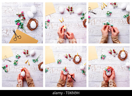 Easter eggs in shape of unicorn  step by step. Stock Photo