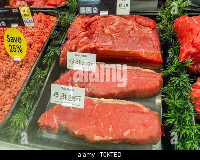 SHEFFIELD, UK - 20TH MARCH 2019: Tesco butchers steak for sale in Sheffield Stock Photo
