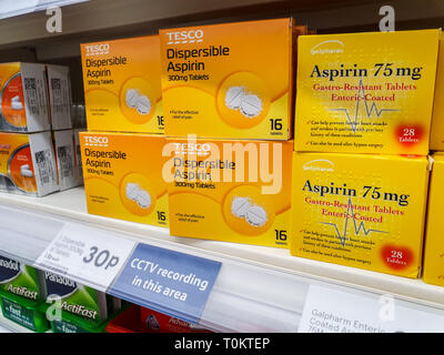 SHEFFIELD, UK - 20TH MARCH 2019: Tesco own brand Dispersible asprin tablets Stock Photo