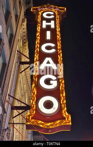 CHICAGO, IL -14 FEB 2019- View of the landmark Chicago Theater, a historic theater in the Loop Neighborhood in Chicago, Illinois. Stock Photo