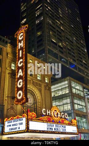 CHICAGO, IL -14 FEB 2019- View of the landmark Chicago Theater, a historic theater in the Loop Neighborhood in Chicago, Illinois. Stock Photo
