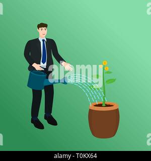 Businessman watering small money in ceramic pot Stock Vector