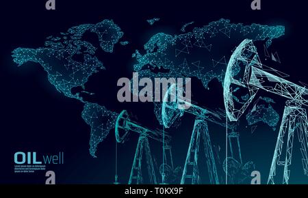 Oil well rig juck low poly business concept. Finance economy polygonal petrol production. Petroleum fuel industry pumpjack derricks pumping drilling Stock Vector