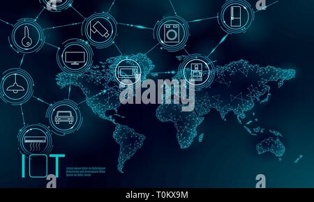 Blue space planet Earth internet of things icon innovation technology concept. Wireless communication network IOT ICT. Intelligent system automation Stock Vector