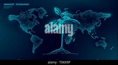 Plant sprout ecological abstract concept. 3D render seedling tree leaves. Save planet Earth nature environment grow life eco polygon triangles low Stock Vector