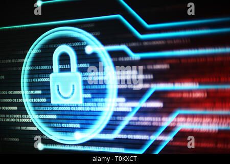 Padlock icon on computer monitor. light blue padlock symbol on blue and red with white binary text moving motion. protection against hacker illegal br Stock Photo