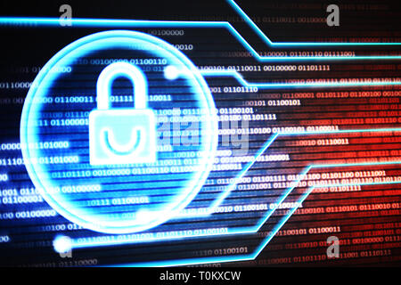 Padlock icon on computer monitor. light blue padlock symbol on blue and red with white binary text moving motion. protection against hacker illegal br Stock Photo