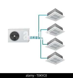 The air conditioning system. Multi split. One outdoor and four indoor unit. Ceiling Cassette. Vector illustration Stock Vector