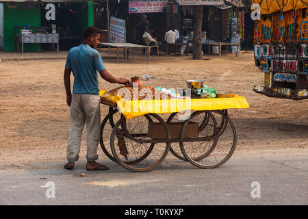 AGRA, INDIA - NOVEMBER 15, 2012: Street Vendor selling Fruit and Vegetable, the nuts from a Cart Stock Photo