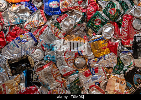 Cambodia, Mondulkiri Province, Sen Monorom, Market, recycling centre, bale of crushed aluminium drinks cans Stock Photo