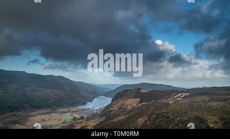 Landscape image of view from peak of Crimpiau towards Llyn Crafnant in Snowdonia Stock Photo