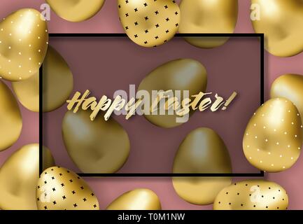 happy easter banner with golden patterned eggs Stock Vector