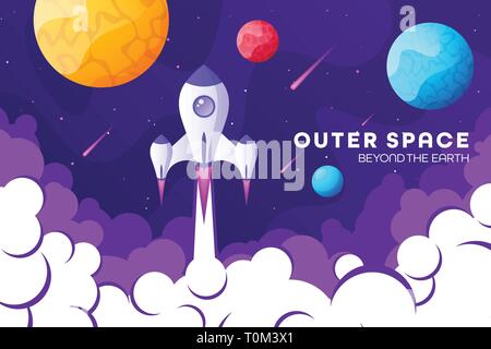 Space futuristic modern, colorful background with rocket, planets and stars. Starship, spaceship in night sky. Solar system, galaxy and universe Stock Vector