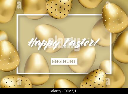 happy easter banner with golden patterned eggs Stock Vector