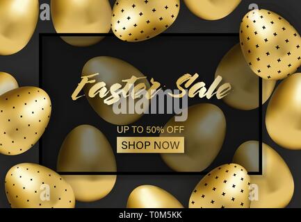 easter sale banner with golden patterned eggs Stock Vector