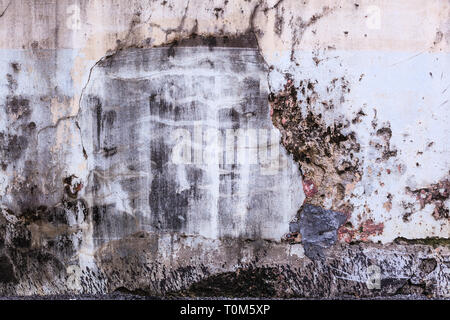 plain old aged white colored painted faded weathered textured pattern on cracked cement concrete house wall surface background. Detailed backdrop, abs Stock Photo