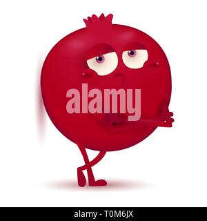 cute little dark red pomegranate fruit character with cool expression and little hands and feet isolated on a white background Stock Vector