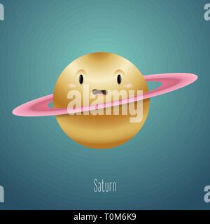 Planet Saturn in the background of space. Cute funny character. Vector illustration of Solar System object in cartoon style. Stock Vector