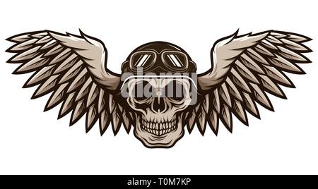 Detailed Classic Skull Head Wearing Retro Biker Helmet and Pilot Glasses With Spreading Wings Motorcycle Badge Design Stock Vector