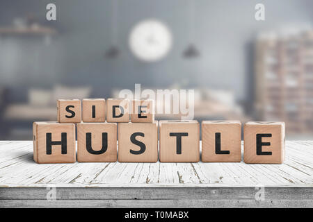 Side hustle sign on a plank table in a decorative room with a clock Stock Photo