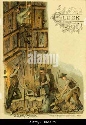 mining, coal mining, 'Bergmannsgruss Glueck auf, Glueck auf!', sinking of the mine shaft, development of a new bed, sinking, Germany, Silesia, 1901, Additional-Rights-Clearance-Info-Not-Available Stock Photo
