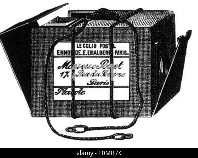 photography, cameras, camera masked as a parcel by E.Enjalbert, wood engraving, 1887, Additional-Rights-Clearance-Info-Not-Available Stock Photo