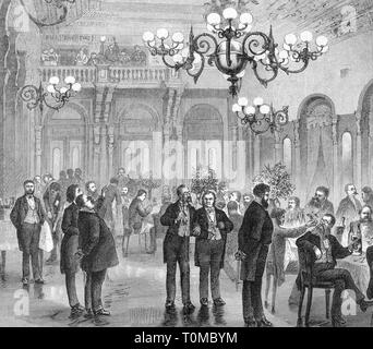 gastronomy, tavern, inn 'Zu den Drei Mohren', Augsburg, interior view, great hall, wood engraving after drawing by G. Sundblad, 'Die Gartenlaube', 1878, Additional-Rights-Clearance-Info-Not-Available Stock Photo