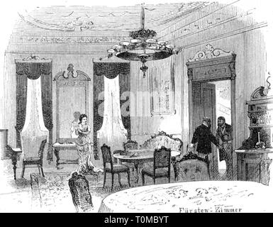 gastronomy, tavern, inn 'Zu den Drei Mohren', Augsburg, interior view, prince's room, wood engraving after drawing by G. Sundblad, 'Die Gartenlaube', 1878, Additional-Rights-Clearance-Info-Not-Available Stock Photo