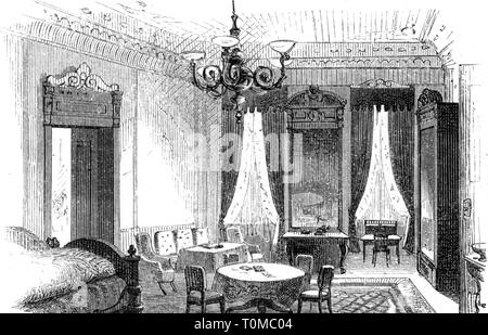 gastronomy, tavern, inn 'Zu den Drei Mohren', Augsburg, interior view, room, wood engraving after drawing by G. Sundblad, 'Die Gartenlaube', 1878, Additional-Rights-Clearance-Info-Not-Available Stock Photo