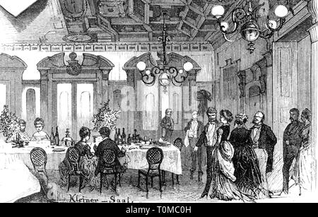 gastronomy, tavern, inn 'Zu den Drei Mohren', Augsburg, interior view, little hall, wood engraving after drawing by G. Sundblad, 'Die Gartenlaube', 1878, Additional-Rights-Clearance-Info-Not-Available Stock Photo