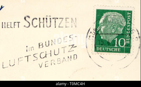 mail, postage stamps, Germany, German Federal Post Office, 10 pfennig postage stamp, portrait of Federal President Theodor Heuss, special postmark 'Help protecting in the Federal Air Protection Union', postmarked 15.4.1958, Additional-Rights-Clearance-Info-Not-Available Stock Photo
