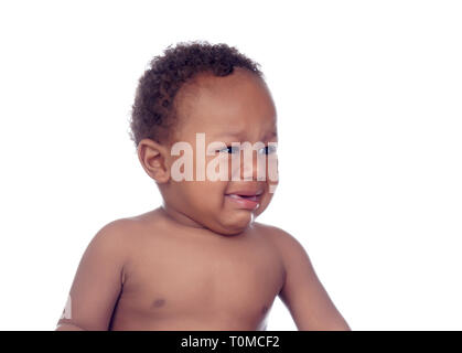 Beautiful Afro-American baby crying isolated on a white background Stock Photo