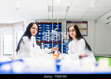 two twin sisters who are studying science in college in cambridge carry out research experiments in a laboratory, Stock Photo