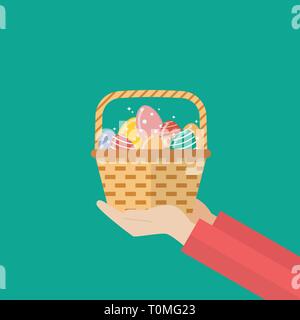 Hand holding basket with easter eggs. Easter holiday Vector illustration Stock Vector