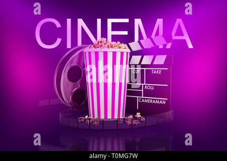 3d rendering of empty cardboard box, clapperboard, film reel and pop corn  bucket suspended in air on blue gradient background Stock Photo - Alamy
