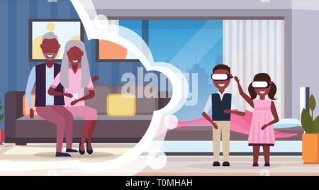 Two kids sister and brother wearing digital glasses virtual reality grandparents sitting together on couch modern living room interior vr vision Stock Vector