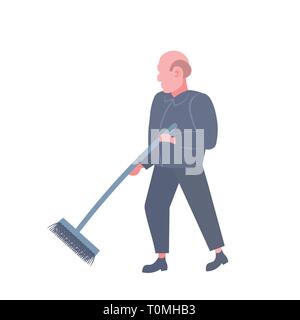man cleaner sweeping floor cleaning service worker in dark uniform holding broom professional occupation concept male cartoon character concept flat Stock Vector