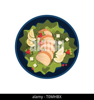 healthy fresh vegetable salad with chicken and sauce in black bowl top angle view restaurant food concept flat isolated Stock Vector