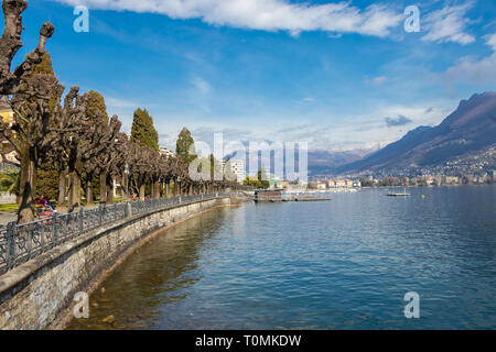 Lugano, Switzerland - March 10, 2019: Lugano's waterfront promenade, canton of Ticino, Switzerland Stock Photo